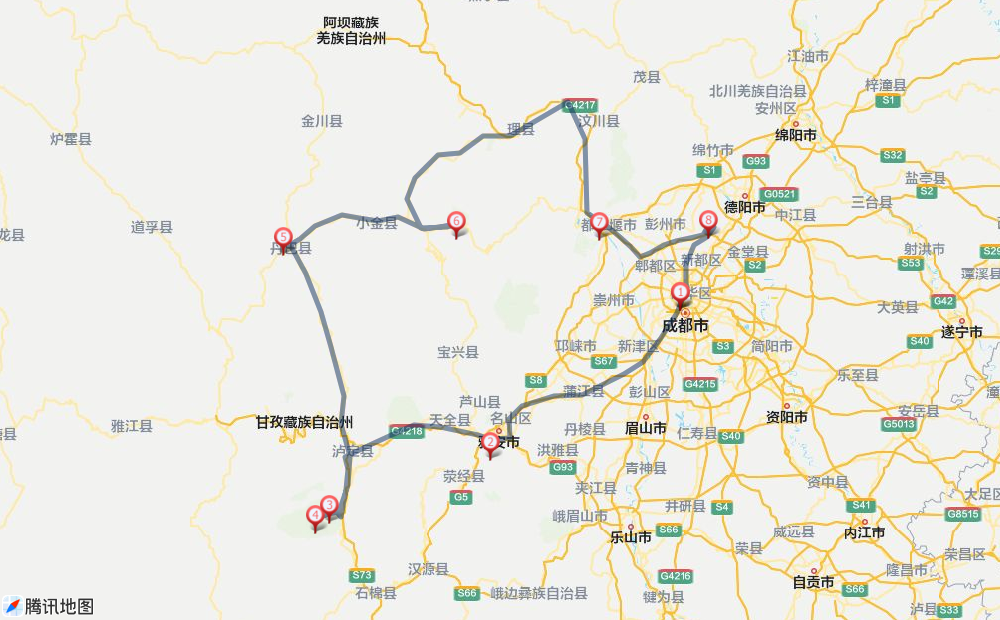 国庆川西7日自驾环线全攻略：雅安—海螺沟—丹巴—四姑娘山—三星堆（带老人版） 路线图